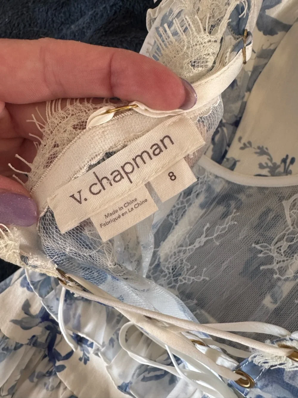 V. Chapman White and Provencal Blue Floral Ruffle Midi Dress - Picture 5 of 6